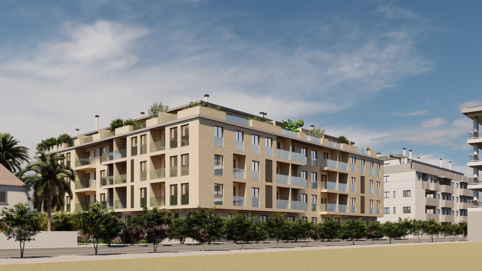 Render del Edificio Málaga — esquina principal