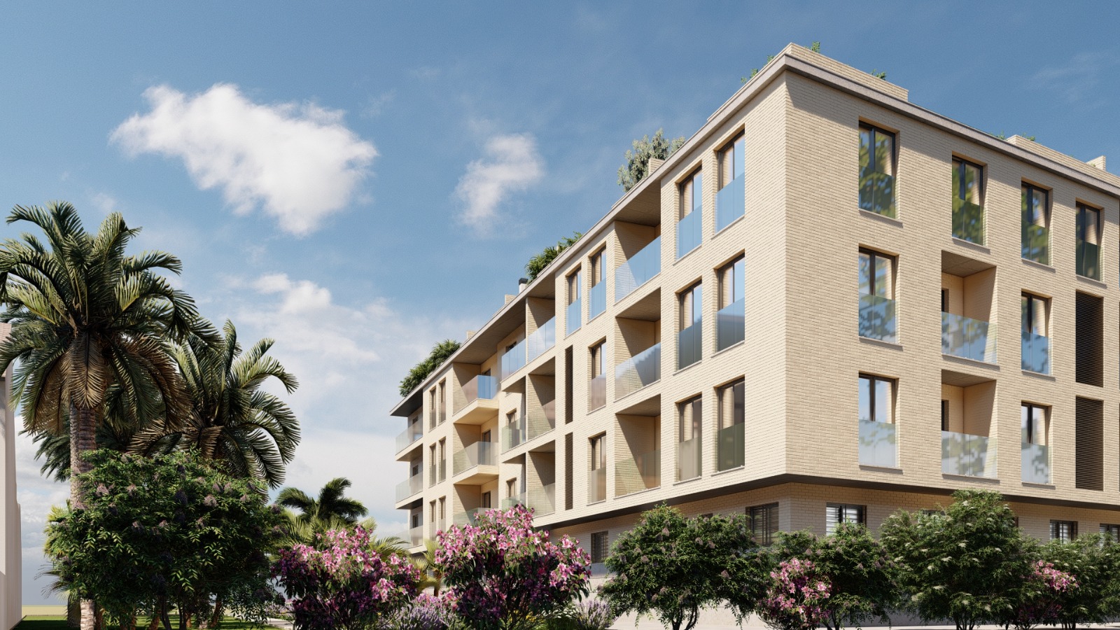 Entorno del edificio · jardín y palmeras